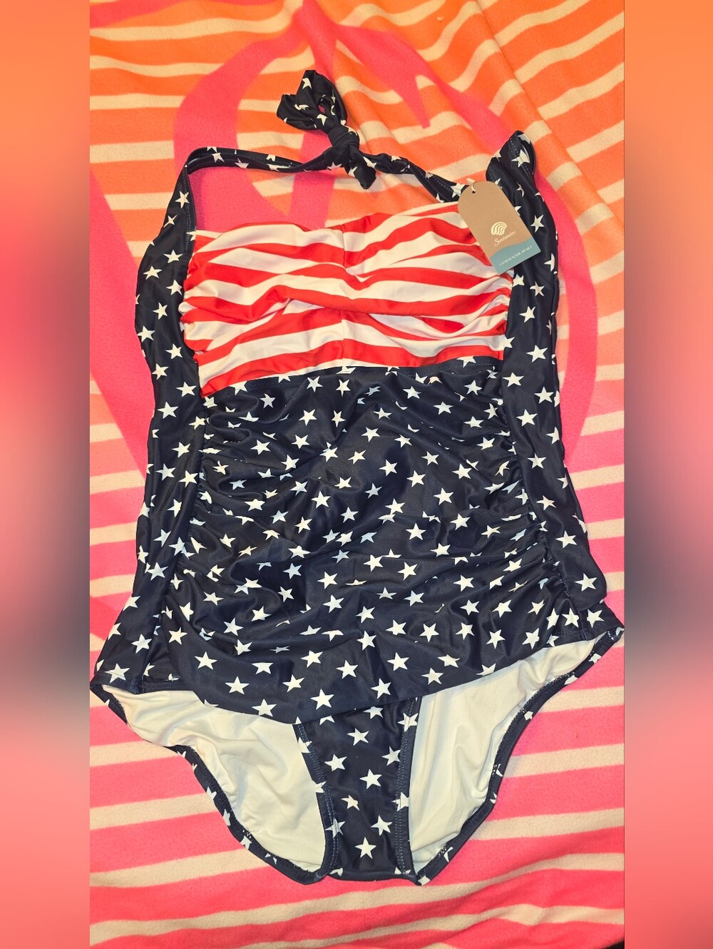 Star Print One-Piece Swim Suit with Striped Waist
